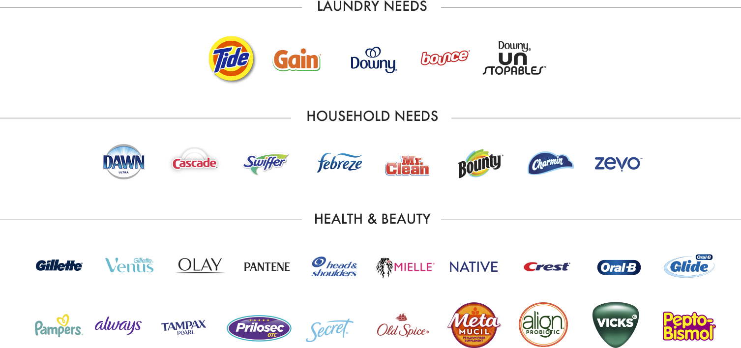 Participating Brands. Laundry Needs: Tide, Gain, Downy, Bounce, Downy Unstopables. Household Needs: Dawn, Cascade, Swiffer, Spruce, Febreze, Mr. Clean, Bounty, Charmin, Zevo. Health & Beauty: Gillette, Venus, Olay, Pantene, Head & Shoulders, Mielle, Native, Crest, Oral-B, Glide, Pampers, Always, Tampax, Prilosec, Secret, Old Spice, Metamucil, Align Probiotic, Vicks, Pepto-Bismol.
